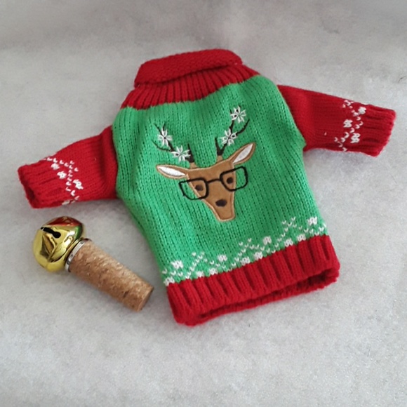 Wine Bottle Ugly Reindeer w/Topper Cork w/Bell NWT - Picture 2 of 3